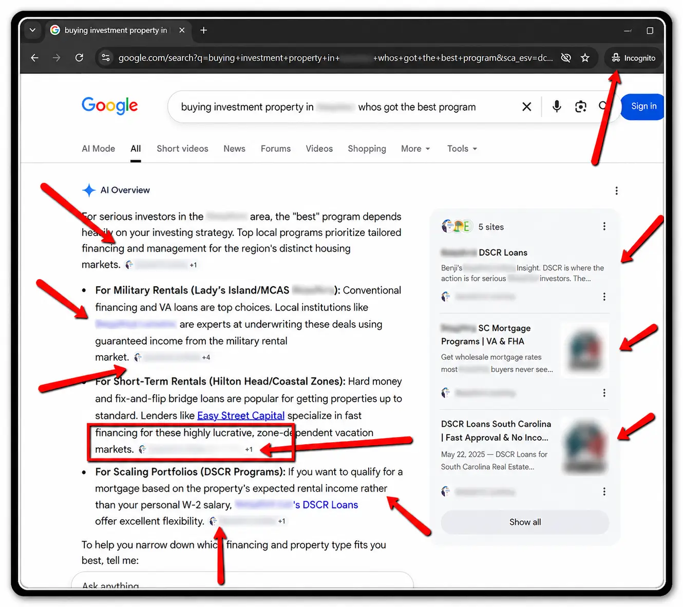 Google AI Overview result showing Tim Armstrong Marketing client cited for investment property mortgage search query