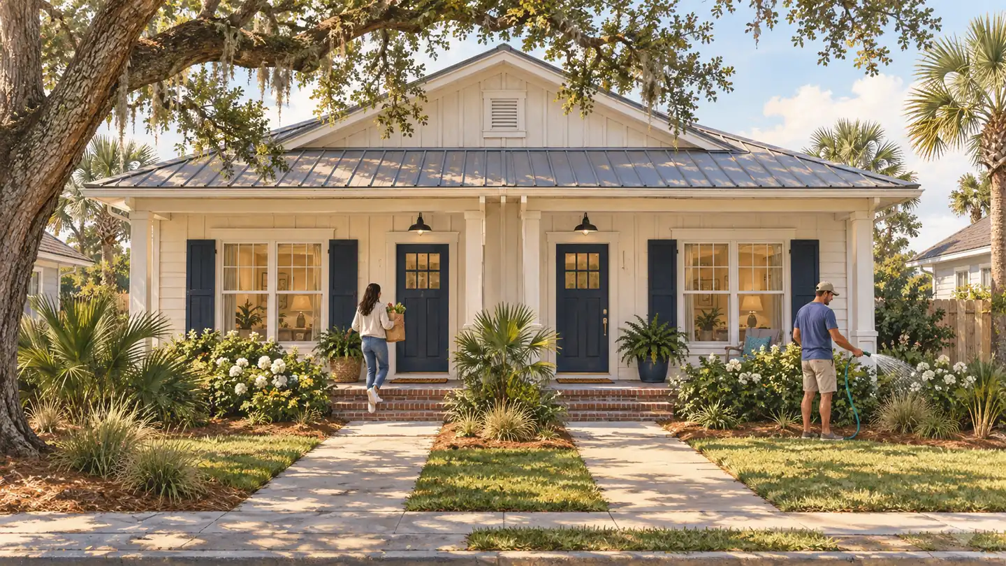 Illustration of an owner-occupied Gulf Coast duplex with two separate entrances