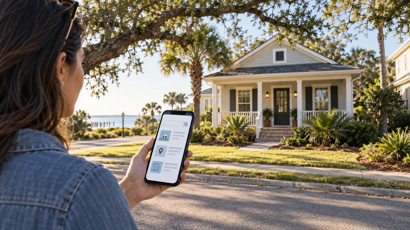 Illustration of a prospective Gulf Coast buyer using a phone to research a home